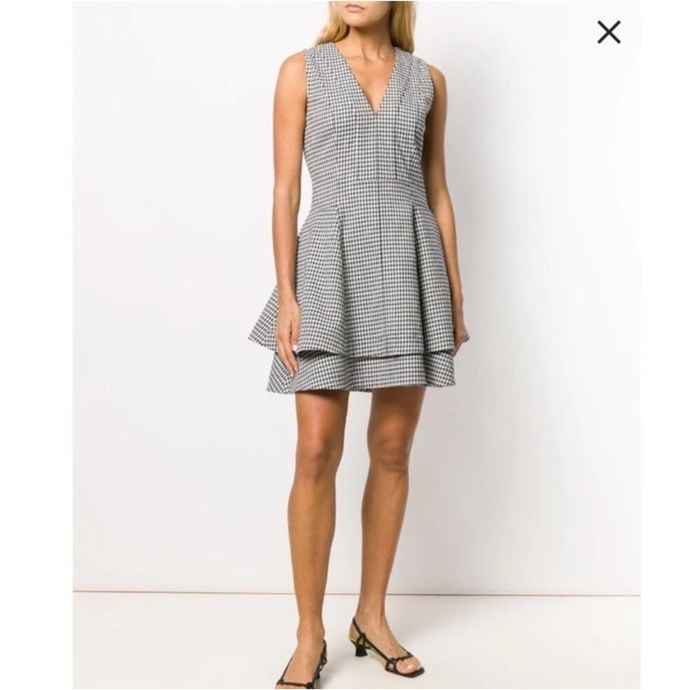 Derek Lam 10 Crosby Koren Gingham V-Neck Tieredโ Dress Blue Cream Check Size 6